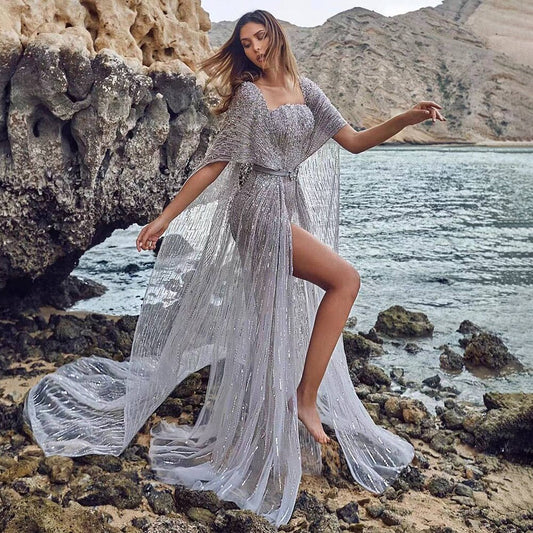 Luxury Grey A-Line Cape Sleeves Beaded Evening Dresses 2025 Arabic Prom Formal Gowns LA71855