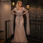 Luxus Grau Spitze Elegante Meerjungfrau Abendkleider Kleider 2025 Cape-Ärmel Sexy Für Frauen Party LA70857 
