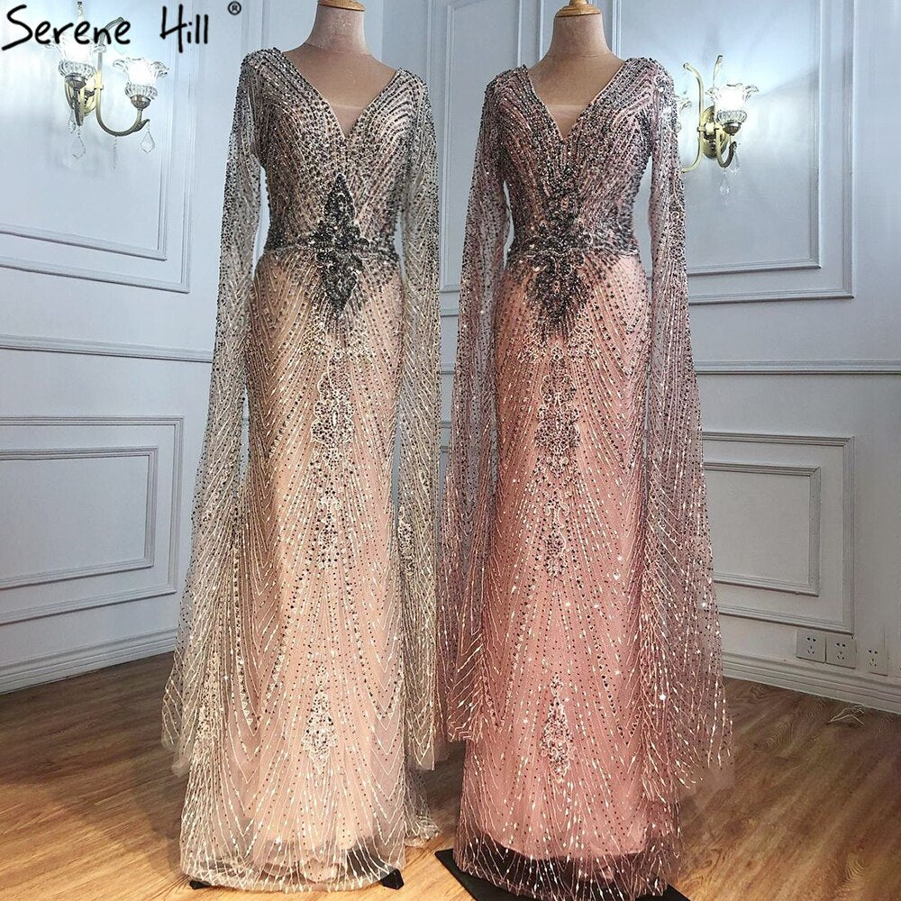 Luxus Grau Spitze Elegante Meerjungfrau Abendkleider Kleider 2025 Cape-Ärmel Sexy Für Frauen Party LA70857 