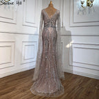 Luxus Grau Spitze Elegante Meerjungfrau Abendkleider Kleider 2025 Cape-Ärmel Sexy Für Frauen Party LA70857 