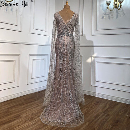 Luxury  Grey Lace Elegant Mermaid Evening Dresses Gowns 2025 Cape Sleeves Sexy For Women Party LA70857