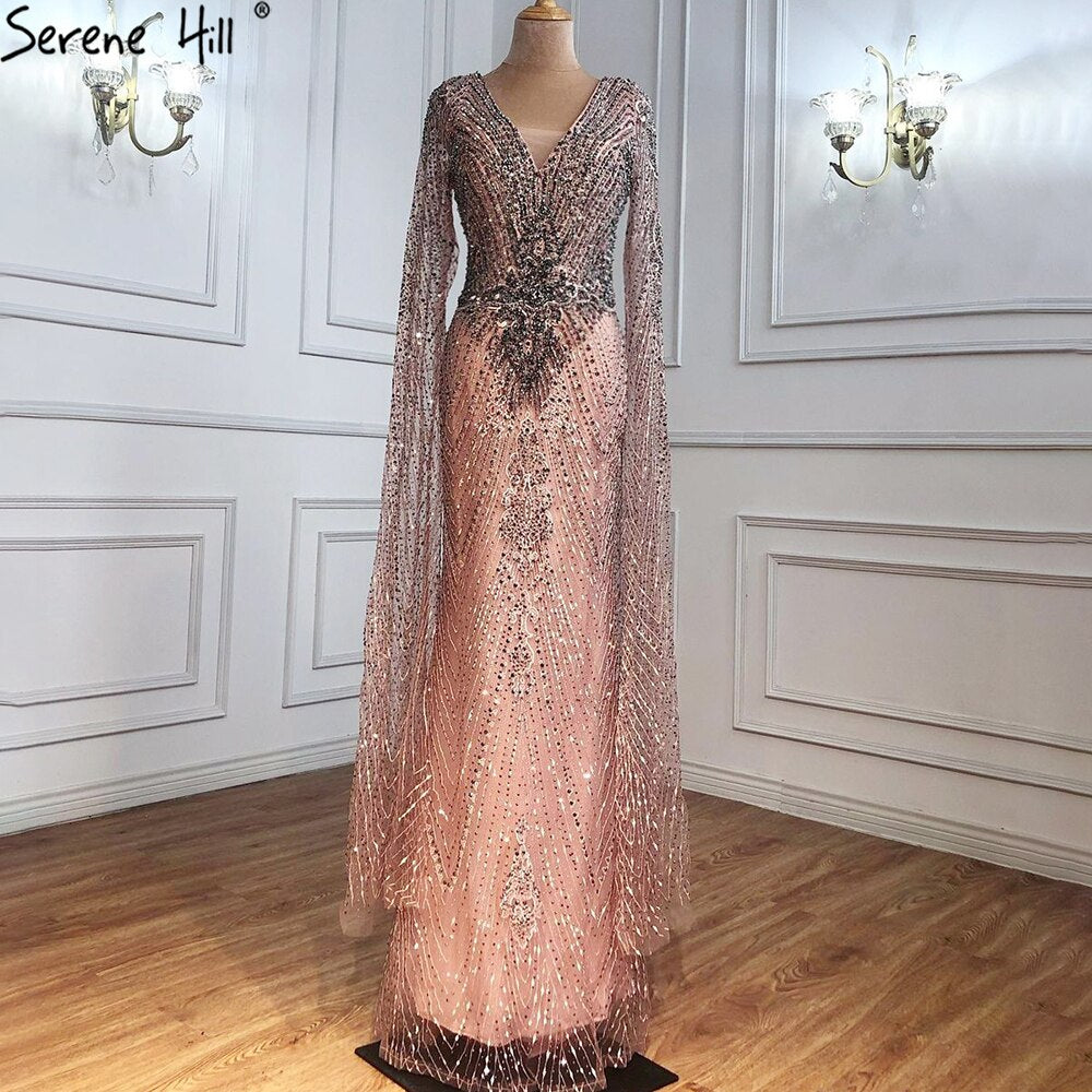 Luxus Grau Spitze Elegante Meerjungfrau Abendkleider Kleider 2025 Cape-Ärmel Sexy Für Frauen Party LA70857 