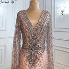Luxus Grau Spitze Elegante Meerjungfrau Abendkleider Kleider 2025 Cape-Ärmel Sexy Für Frauen Party LA70857 