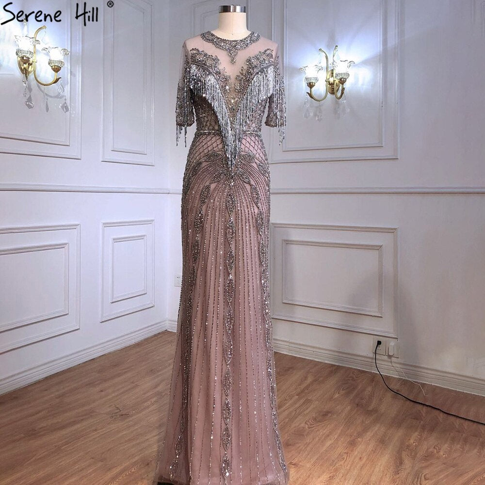 Luxury Grey Mermaid Evening Dresses Gowns 2025 Half Sleeves Beading Tassel Elegant For Women Party LA70966