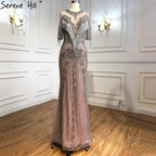 Luxury Grey Mermaid Evening Dresses Gowns 2025 Half Sleeves Beading Tassel Elegant For Women Party LA70966