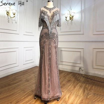 Luxury Grey Mermaid Evening Dresses Gowns 2025 Half Sleeves Beading Tassel Elegant For Women Party LA70966