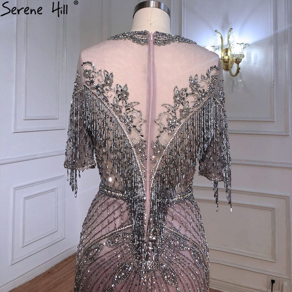 Luxury Grey Mermaid Evening Dresses Gowns 2025 Half Sleeves Beading Tassel Elegant For Women Party LA70966