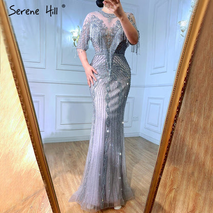 Luxury Grey Mermaid Evening Dresses Gowns 2025 Half Sleeves Beading Tassel Elegant For Women Party LA70966