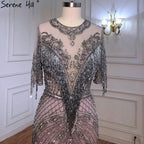 Luxury Grey Mermaid Evening Dresses Gowns 2025 Half Sleeves Beading Tassel Elegant For Women Party LA70966