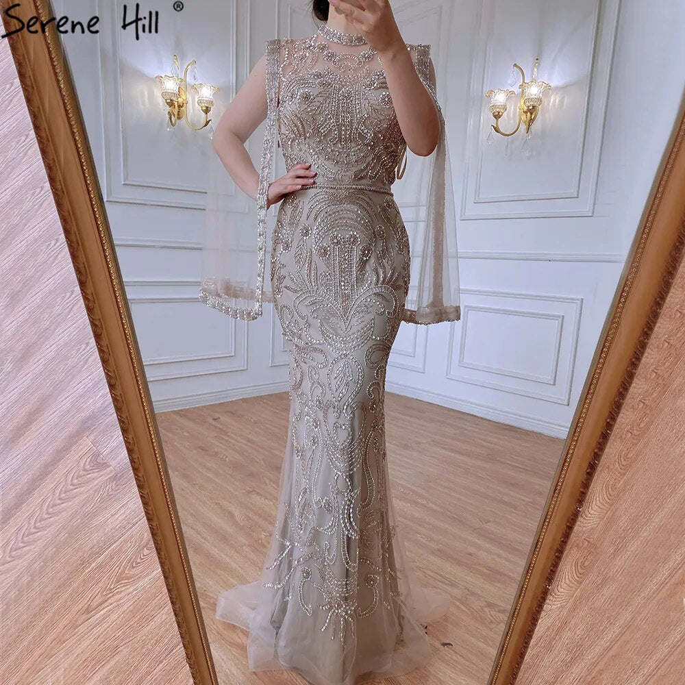 Luxus Grau Nude Mit Cape Meerjungfrau Luxus Abendkleider Kleider 2025 Perlen Elegante Sexy Für Frau Party LA71027 
