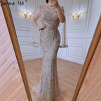 Luxus Grau Nude Mit Cape Meerjungfrau Luxus Abendkleider Kleider 2025 Perlen Elegante Sexy Für Frau Party LA71027 