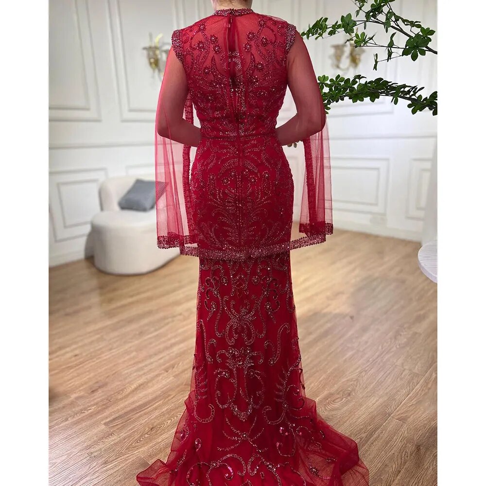 Luxus Grau Nude Mit Cape Meerjungfrau Luxus Abendkleider Kleider 2025 Perlen Elegante Sexy Für Frau Party LA71027 