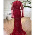 Luxus Grau Nude Mit Cape Meerjungfrau Luxus Abendkleider Kleider 2025 Perlen Elegante Sexy Für Frau Party LA71027 