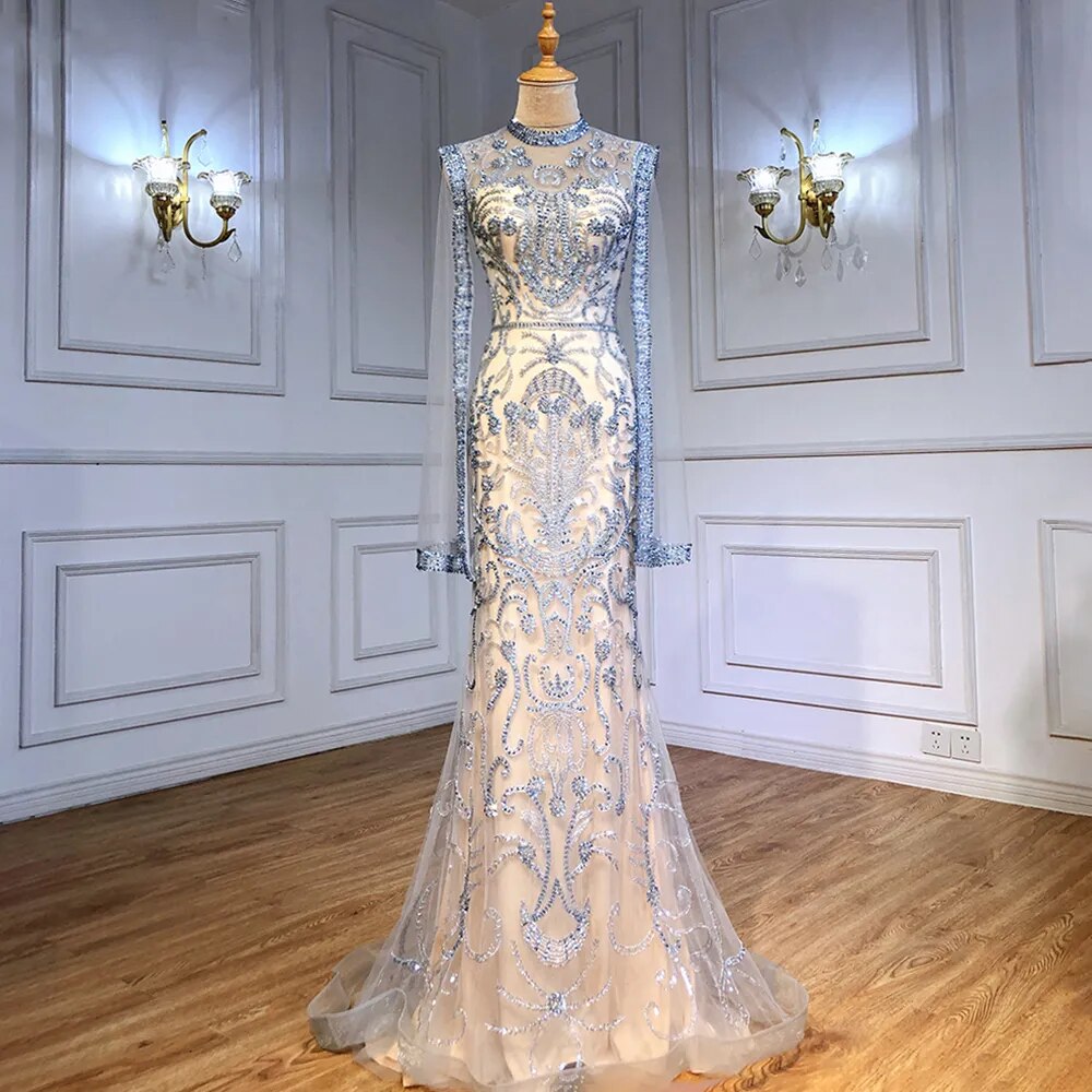 Luxus Grau Nude Mit Cape Meerjungfrau Luxus Abendkleider Kleider 2025 Perlen Elegante Sexy Für Frau Party LA71027 