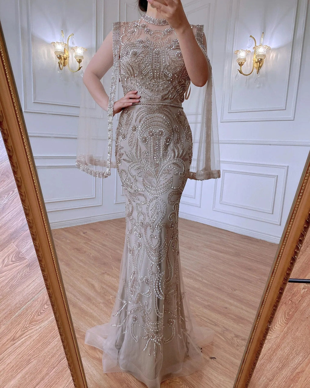 Luxus Grau Nude Mit Cape Meerjungfrau Luxus Abendkleider Kleider 2025 Perlen Elegante Sexy Für Frau Party LA71027 
