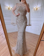 Luxus Grau Nude Mit Cape Meerjungfrau Luxus Abendkleider Kleider 2025 Perlen Elegante Sexy Für Frau Party LA71027 