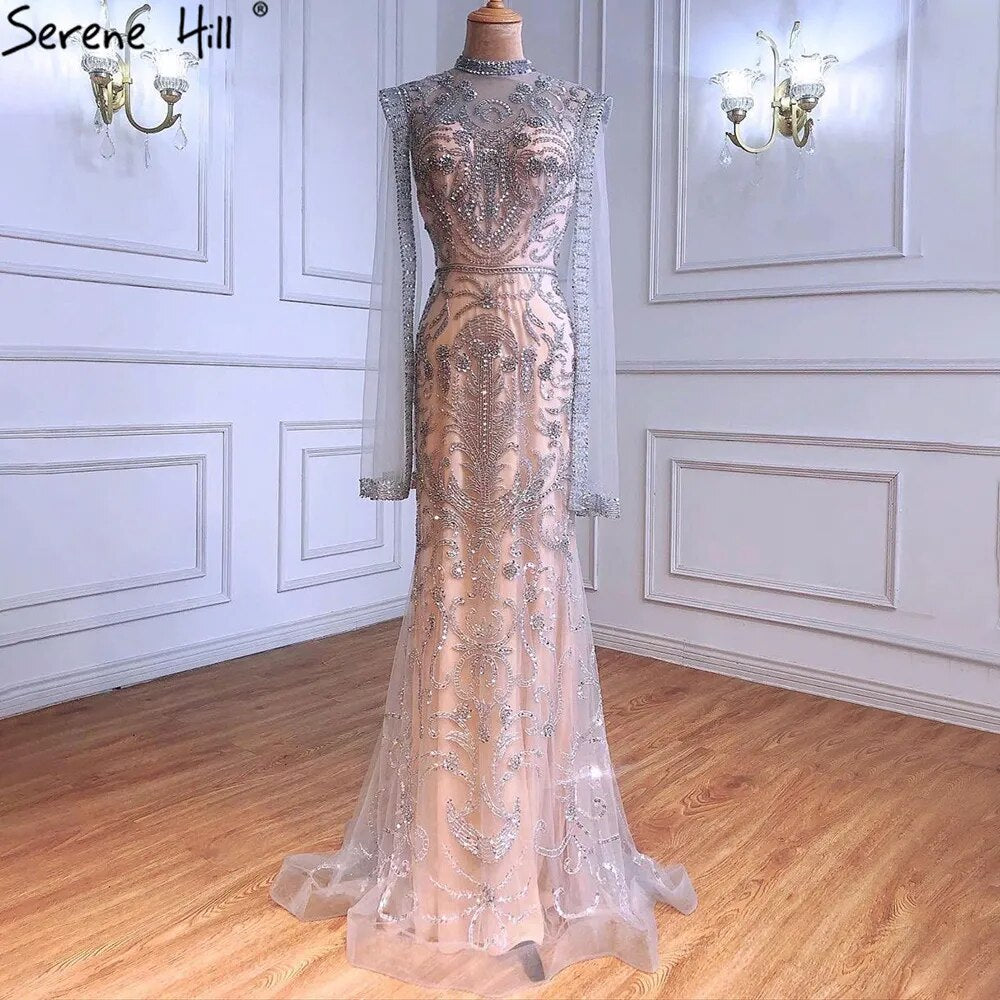Luxus Grau Nude Mit Cape Meerjungfrau Luxus Abendkleider Kleider 2025 Perlen Elegante Sexy Für Frau Party LA71027 