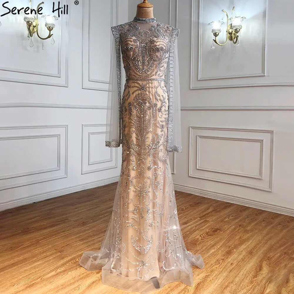 Luxus Grau Nude Mit Cape Meerjungfrau Luxus Abendkleider Kleider 2025 Perlen Elegante Sexy Für Frau Party LA71027 