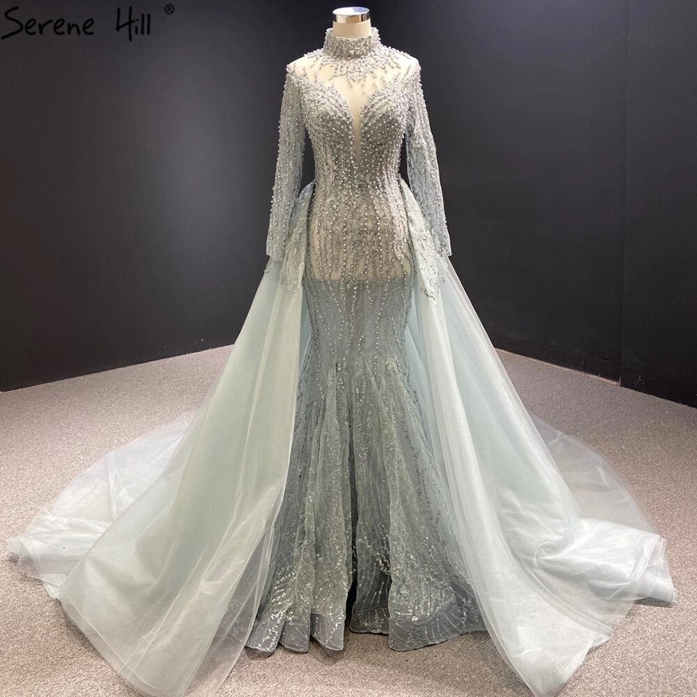 Vestido de novia de lujo gris con cola desmontable y perlas estilo sirena 2025 HM67140, hecho a medida 