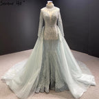 Vestido de novia de lujo gris con cola desmontable y perlas estilo sirena 2025 HM67140, hecho a medida 