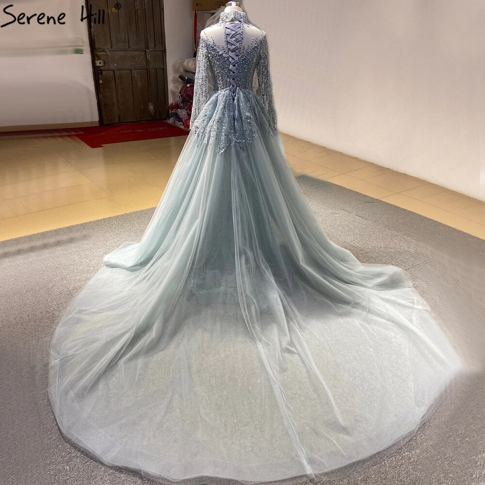 Vestido de novia de lujo gris con cola desmontable y perlas estilo sirena 2025 HM67140, hecho a medida 
