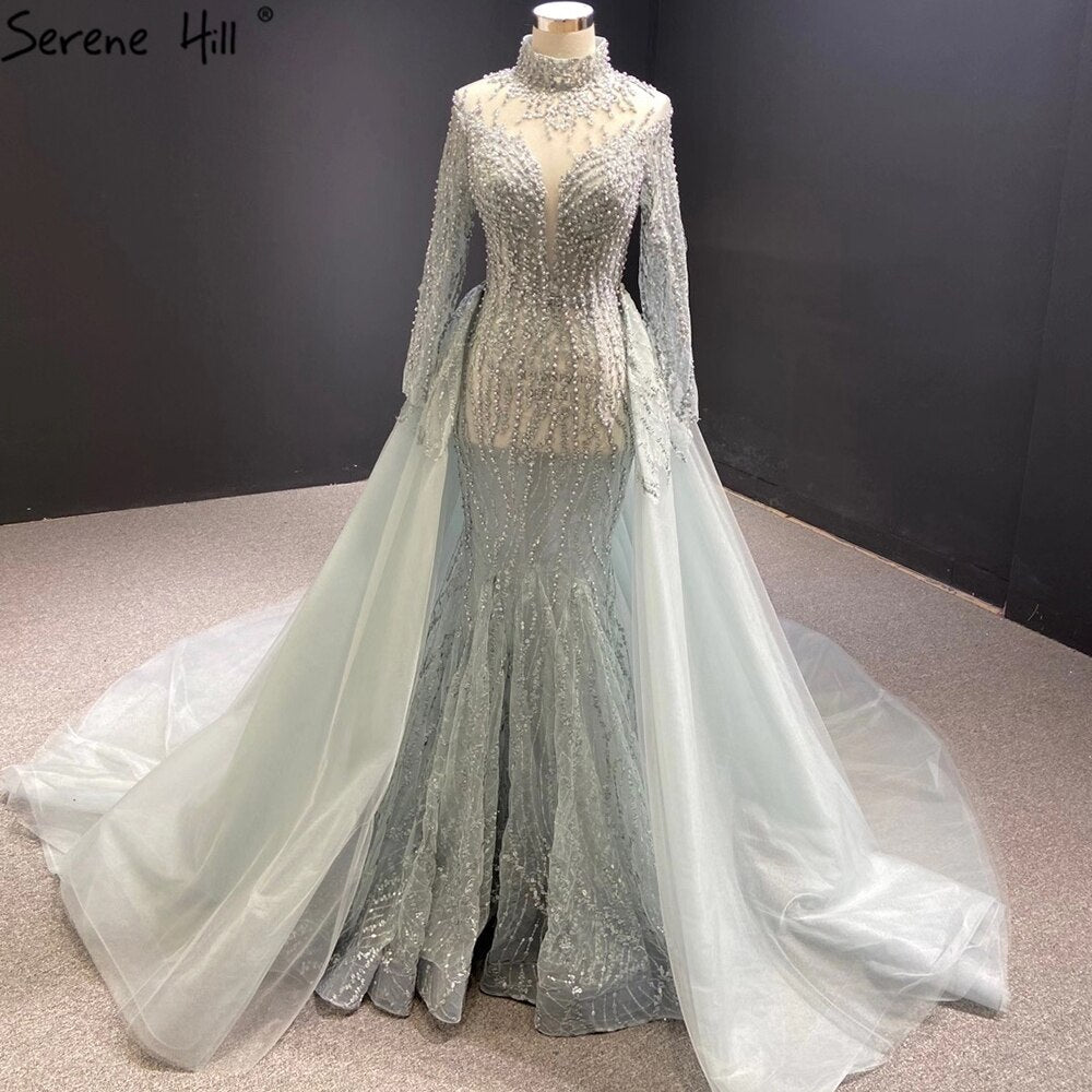 Vestido de novia de lujo gris con cola desmontable y perlas estilo sirena 2025 HM67140, hecho a medida 