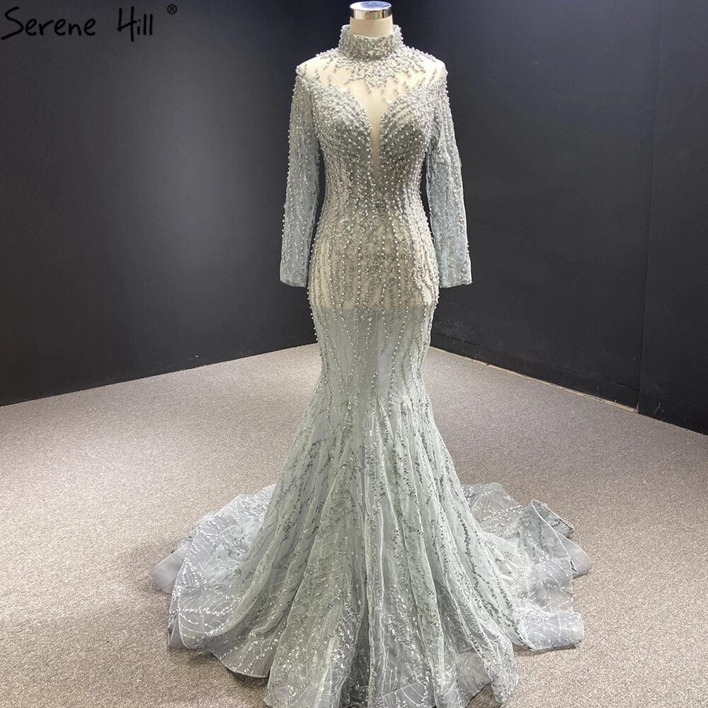 Vestido de novia de lujo gris con cola desmontable y perlas estilo sirena 2025 HM67140, hecho a medida 