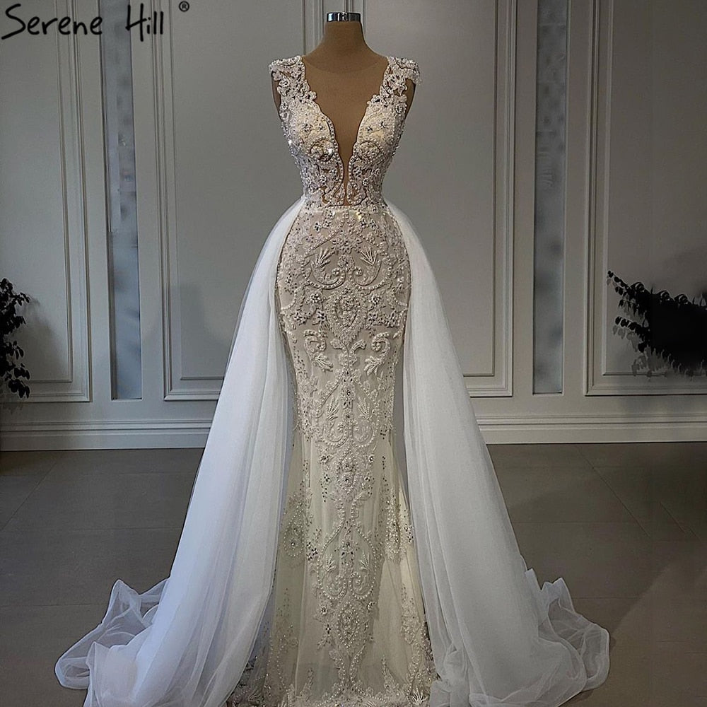 Luxus Elfenbein Meerjungfrau Abendkleider Kleider 2025 Perlen Elegant Mit Zug Formales Kleid LA71109 