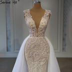 Luxus Elfenbein Meerjungfrau Abendkleider Kleider 2025 Perlen Elegant Mit Zug Formales Kleid LA71109 