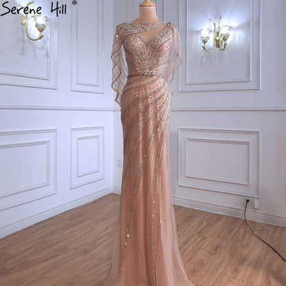 Luxuriöses Champagner-Dubai-Meerjungfrauen-Abendkleid mit Cape LA70910 