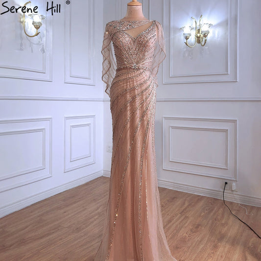 Luxuriöses Champagner-Dubai-Meerjungfrauen-Abendkleid mit Cape LA70910 
