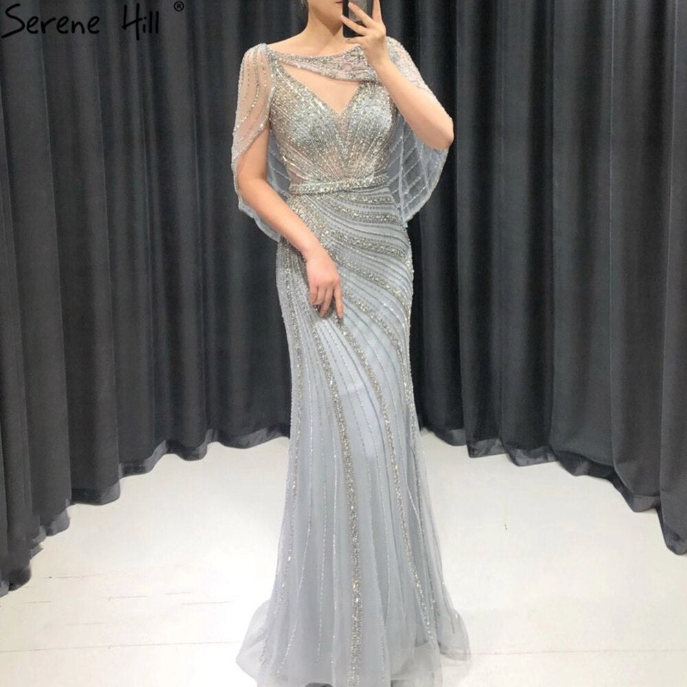 Luxuriöses Champagner-Dubai-Meerjungfrauen-Abendkleid mit Cape LA70910 