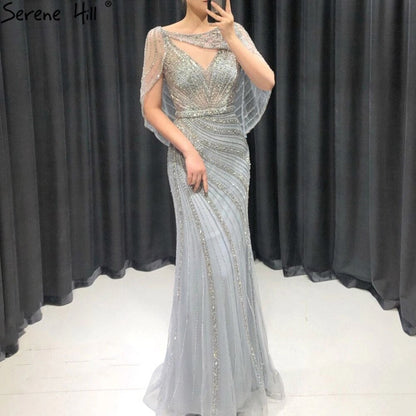 Luxuriöses Champagner-Dubai-Meerjungfrauen-Abendkleid mit Cape LA70910 