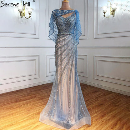 Luxuriöses Champagner-Dubai-Meerjungfrauen-Abendkleid mit Cape LA70910 