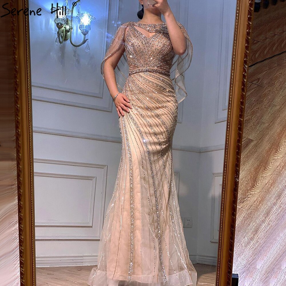 Luxuriöses Champagner-Dubai-Meerjungfrauen-Abendkleid mit Cape LA70910 
