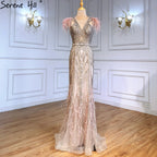 Vestidos de noche de lujo de sirena color nude, con plumas y cuentas, elegantes para mujer, para fiesta, LA71340 