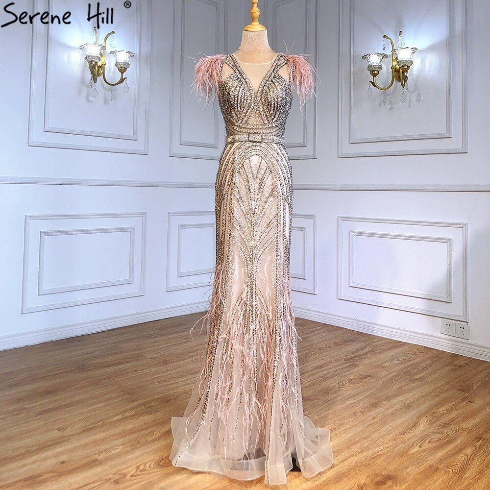 Vestidos de noche de lujo de sirena color nude, con plumas y cuentas, elegantes para mujer, para fiesta, LA71340 