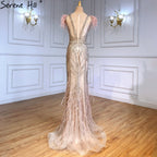 Vestidos de noche de lujo de sirena color nude, con plumas y cuentas, elegantes para mujer, para fiesta, LA71340 