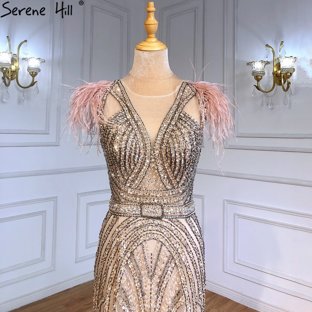 Vestidos de noche de lujo de sirena color nude, con plumas y cuentas, elegantes para mujer, para fiesta, LA71340 
