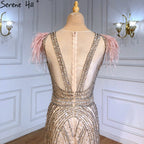Vestidos de noche de lujo de sirena color nude, con plumas y cuentas, elegantes para mujer, para fiesta, LA71340 
