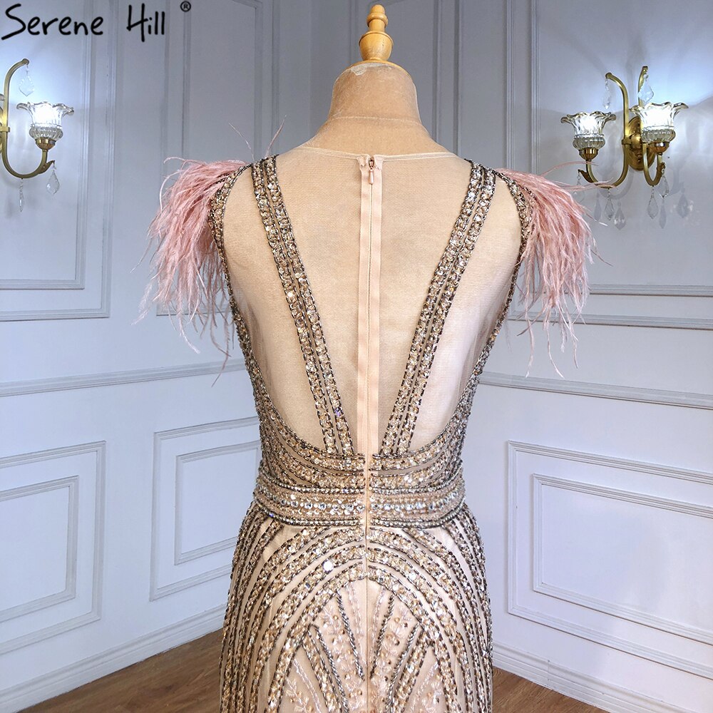 Vestidos de noche de lujo de sirena color nude, con plumas y cuentas, elegantes para mujer, para fiesta, LA71340 