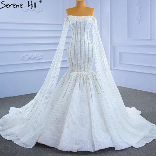 Luxury Mermaid White Wedding Dresses 2025 Cape Sleeves Beaded Pearls Bride Gowns HM67278 Custom Made