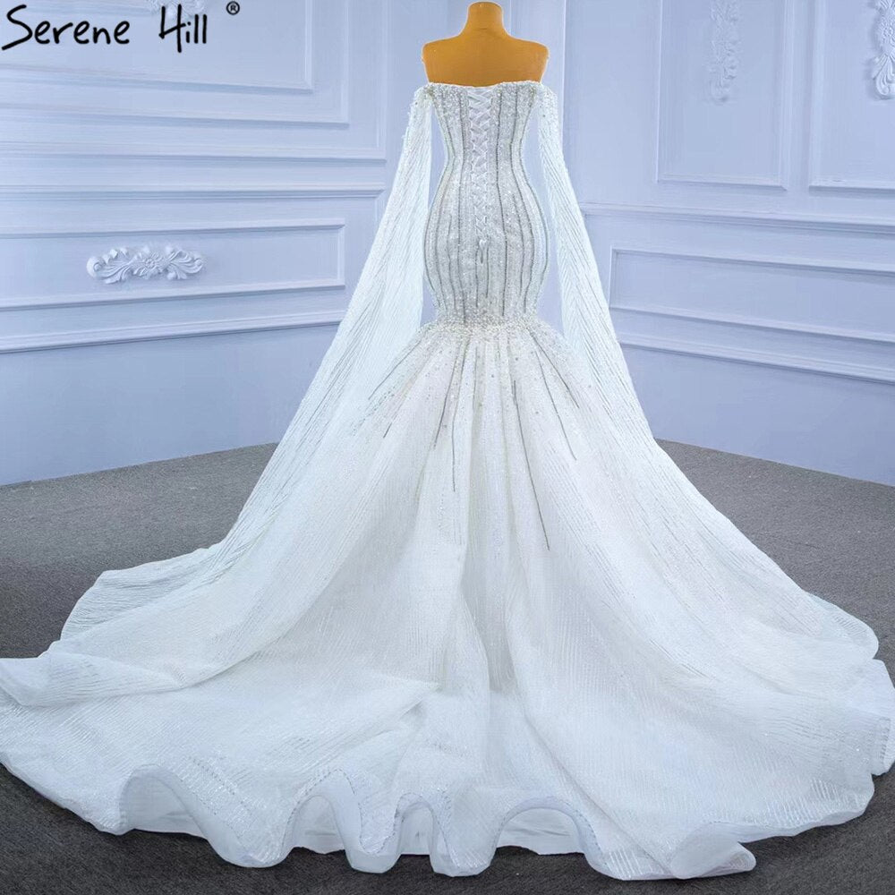 Vestidos de novia blancos de lujo estilo sirena 2025 con mangas estilo capa y perlas HM67278, hechos a medida 