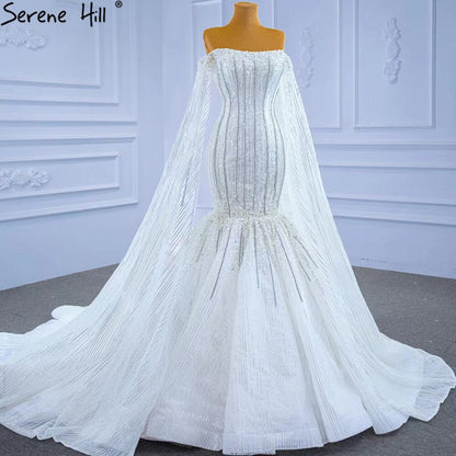 Luxury Mermaid White Wedding Dresses 2025 Cape Sleeves Beaded Pearls Bride Gowns HM67278 Custom Made