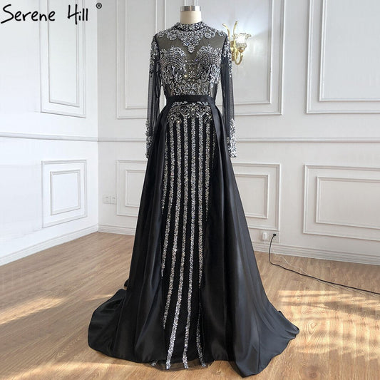 Luxury Muslim Black With Overskirt Mermaid Long Elegant Evening Gowns Dresses  For Woman LA71011