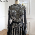 Luxury Muslim Black With Overskirt Mermaid Long Elegant Evening Gowns Dresses  For Woman LA71011