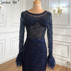 Vestidos de noche musulmanes de lujo azul marino 2025, elegantes vestidos de sirena con cuentas y plumas para mujer, fiesta LA70978 