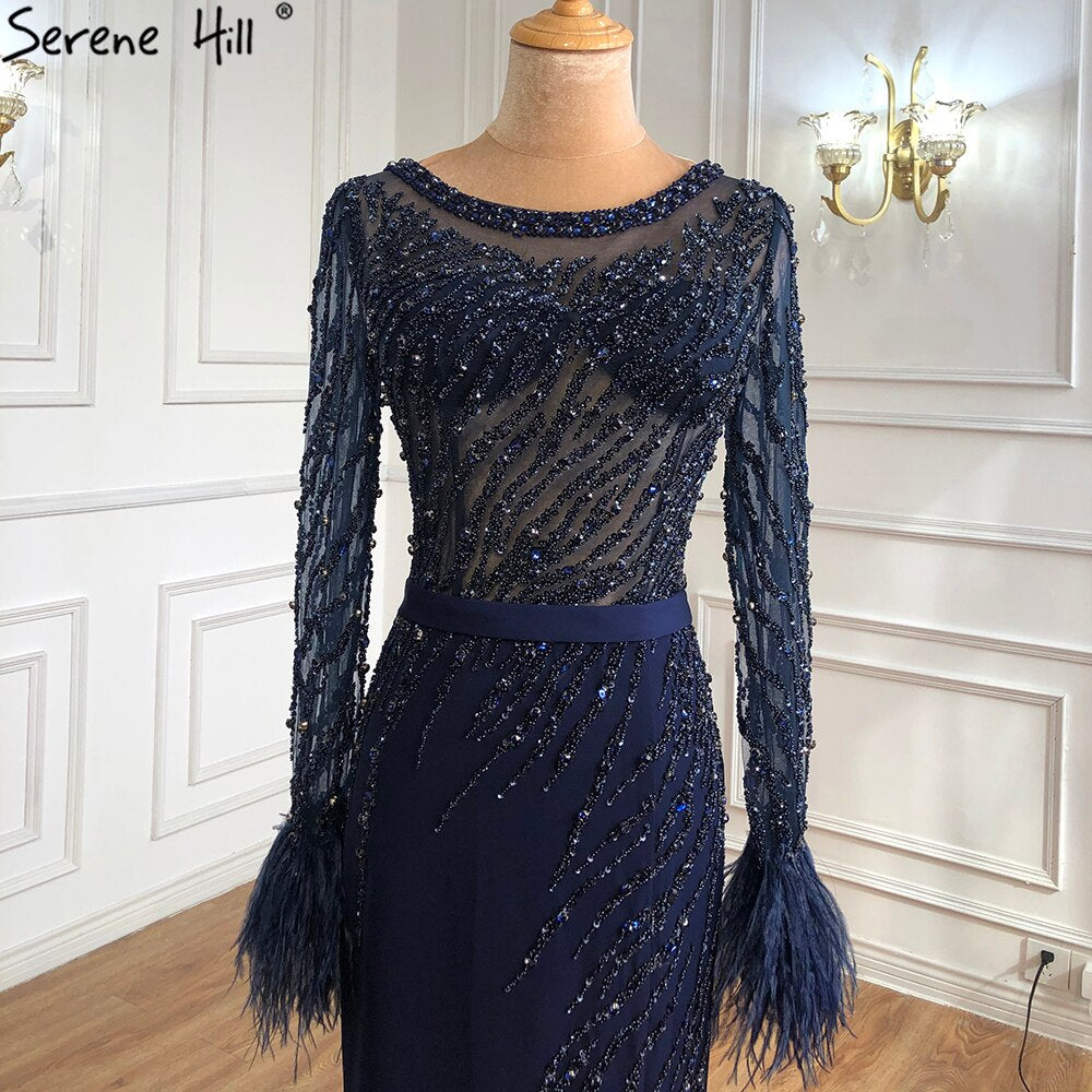 Vestidos de noche musulmanes de lujo azul marino 2025, elegantes vestidos de sirena con cuentas y plumas para mujer, fiesta LA70978 