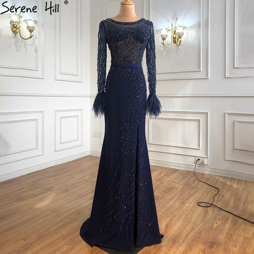 Vestidos de noche musulmanes de lujo azul marino 2025, elegantes vestidos de sirena con cuentas y plumas para mujer, fiesta LA70978 