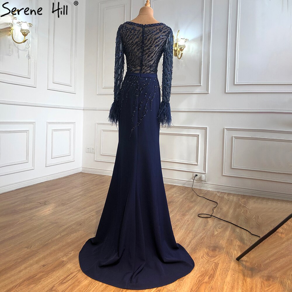 Vestidos de noche musulmanes de lujo azul marino 2025, elegantes vestidos de sirena con cuentas y plumas para mujer, fiesta LA70978 